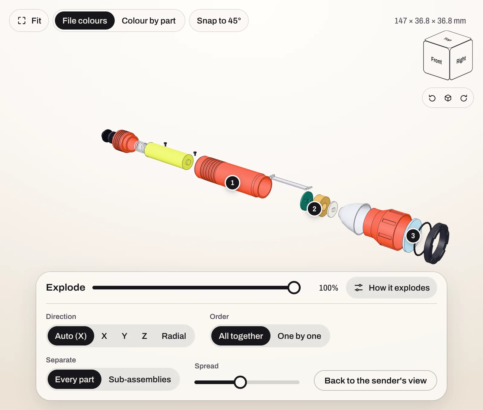 An exploded view of a pocket torch made from a STEP file: seventeen parts spread along the axis of the torch, from the tail cap to the bezel ring