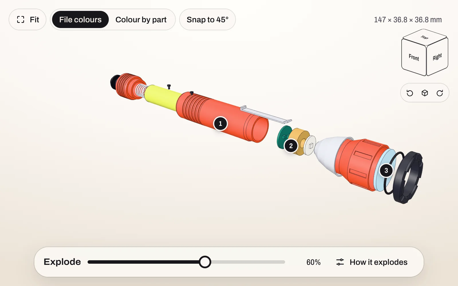 The viewer a link opens: a pocket torch assembly taken apart in the browser, with numbered notes pinned to parts and a slider to explode it